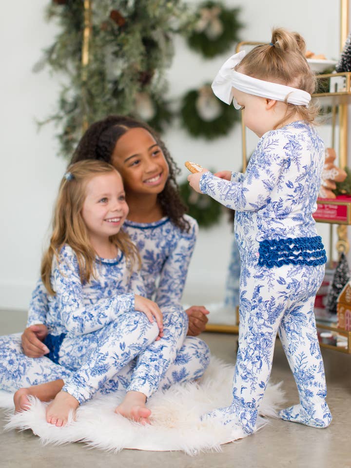 White Baby Girls Winter Bliss Toile Modal Footed Ruffle One Piece Pajama for wholesale on Faire