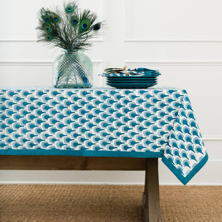 Geo Feather Teal Tablecloth for wholesale by Pomegranate Inc