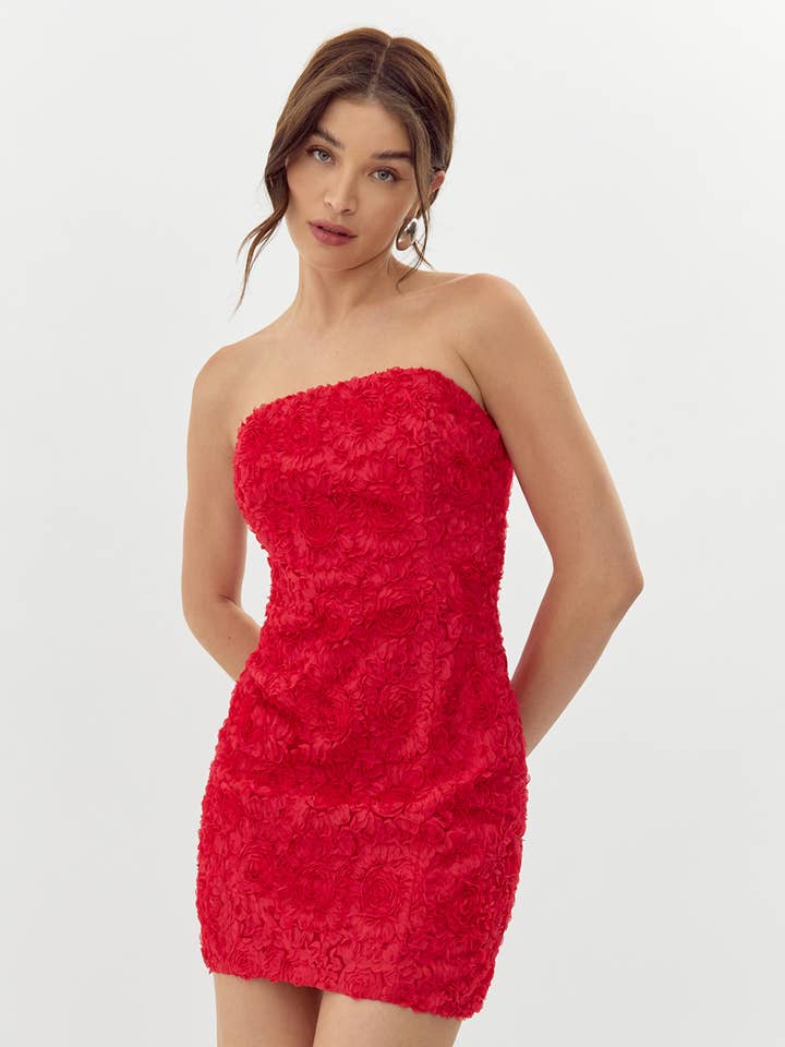Red Posey Textured Floral Strapless Mini Dress for wholesale on Faire