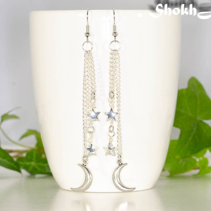 Boucles d'oreilles extra longues croissant de lune et étoile pour la vente par Shokh Jewelry