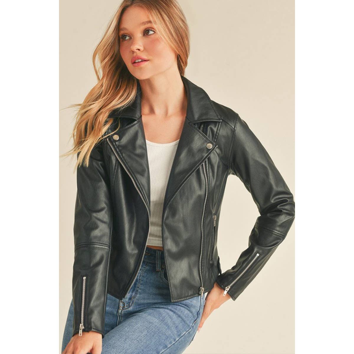 UP CLOTHING - Wholesale Leather Jacket - Women's - Biker PU Faux Leather Jacket0