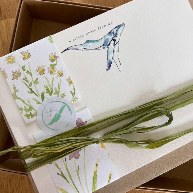 Whale notelets (Pack of 10) for wholesale by feather.ink
