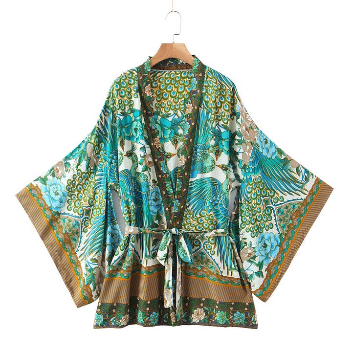 Rosa Clothing - Wholesale Kimono - Women's - Vibrant Boho Beach Peacock Print Tie-Waist Kimono