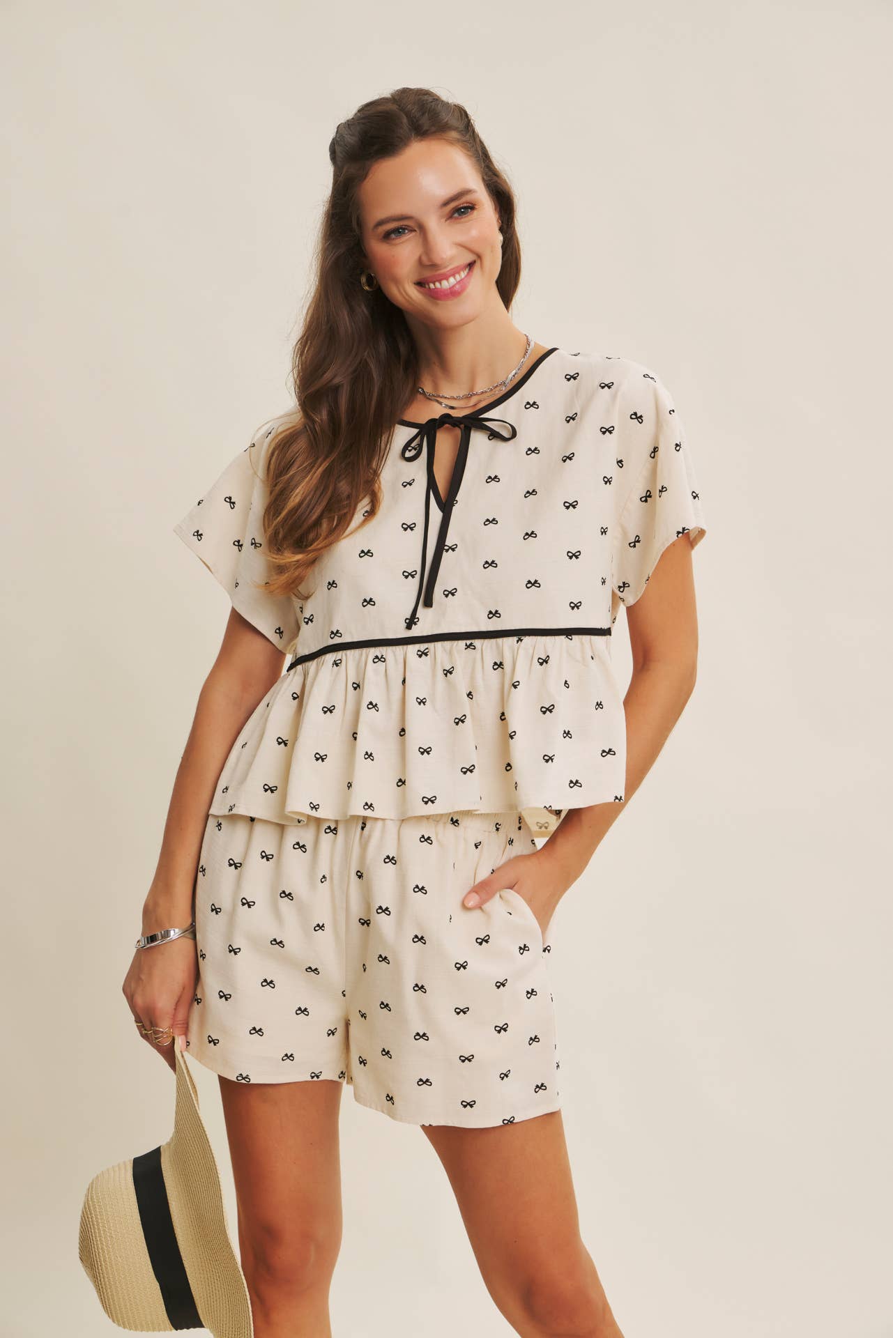 in february - Wholesale Blouse - Women's - SUNNY DAYS BOW PRINT BABYDOLL BLOUSE WITH CONTRAST BINDING10