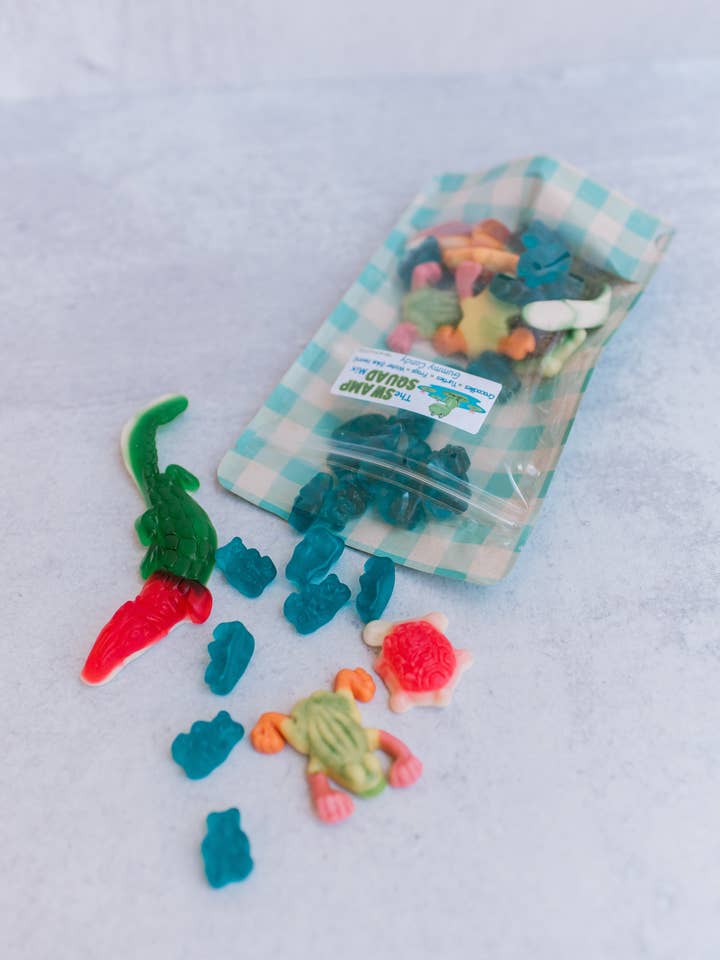 The Swamp Mix– Frogs, Gators, Turtles & Blue “Water” gummies for wholesale by The Honey Den