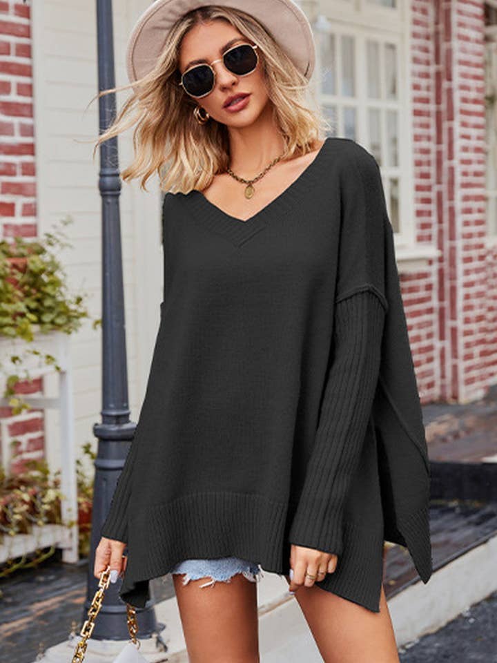 Lily Clothing - Wholesale Tunic Sweater - Women's - WOMEN OVERSIZED TUNIC LENGTH V NECK SWEATER_CWOSWL05261