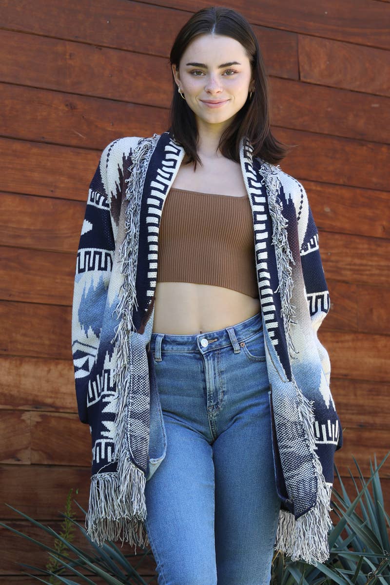 ANGIE - Wholesale Knit Sweater - Women's - XHS18-ASIS AZTEC FRINGE HEM AND SHAWL COLLAR CARDIGAN SWEATE3