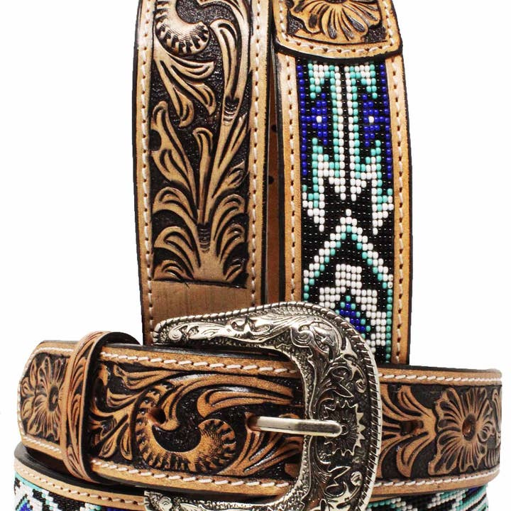 Ceinture en cuir pleine fleur gravée de fleurs antiques occidentales avec perles 26FK61 pour la vente par Challenger