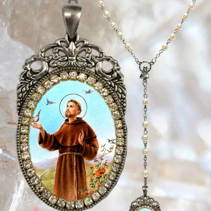MariaSantissimaShop – Engroshandel Halskæde med vedhæng – Francis of Assisi Rosenkrans - Patron Saint of Animals - Håndlavede katolske kristne religiøse smykker medalje vedhæng