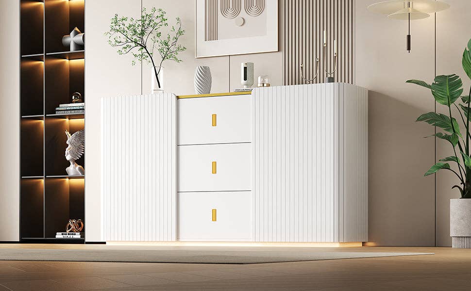 Urban Meuble – Aparador por atacado – Buffet branco elegante 2 portas, 2 gavetas com iluminação LED 150*35*80cm KRAUDREL13