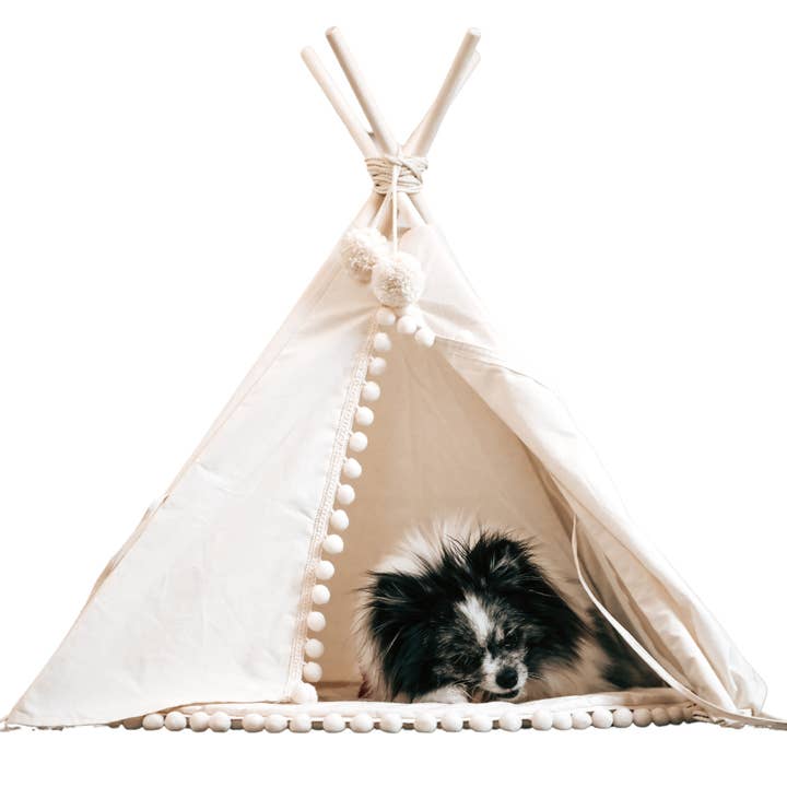 MINICAMP Dog Teepee & Large Cat Tent in Ecru with Pompoms – Size M for wholesale by MINICAMP