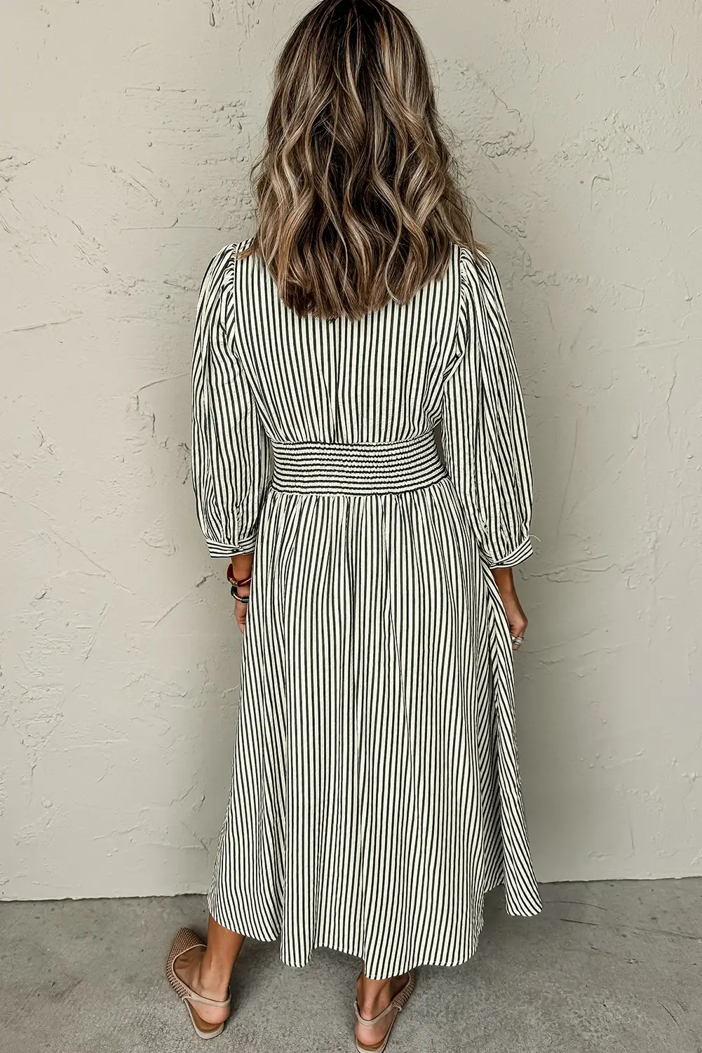 Lovesoft - Wholesale Dress - Women's - Green Stripe V Neck Zip Front Cinched High Waist Midi Dress6
