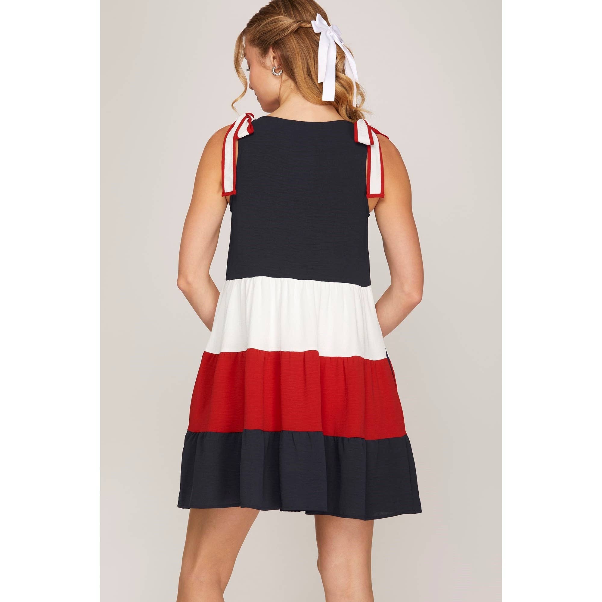 NAVY RED Color Block Sleeveless Shoulder Tie Tiered Dress for wholesale on Faire3