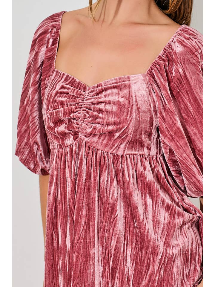 DUSTY ROSE VELVET BUBBLE SLEEVE MINI DRESS for wholesale on Faire