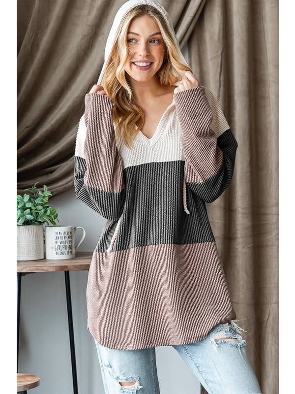 HEIMISH - Wholesale Hoodie - Women's - ET7476-12 SOLID URBAN RIBBED DRAWSTRING HOODIE TOP1