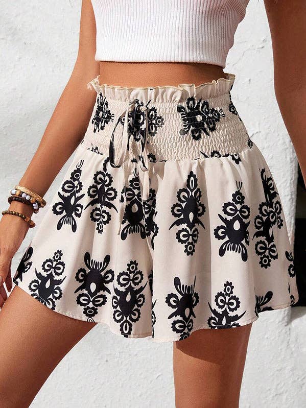 APRICOT Wide Leg Drawstring Elasticity Printed Split-Joint Shorts for wholesale on Faire0