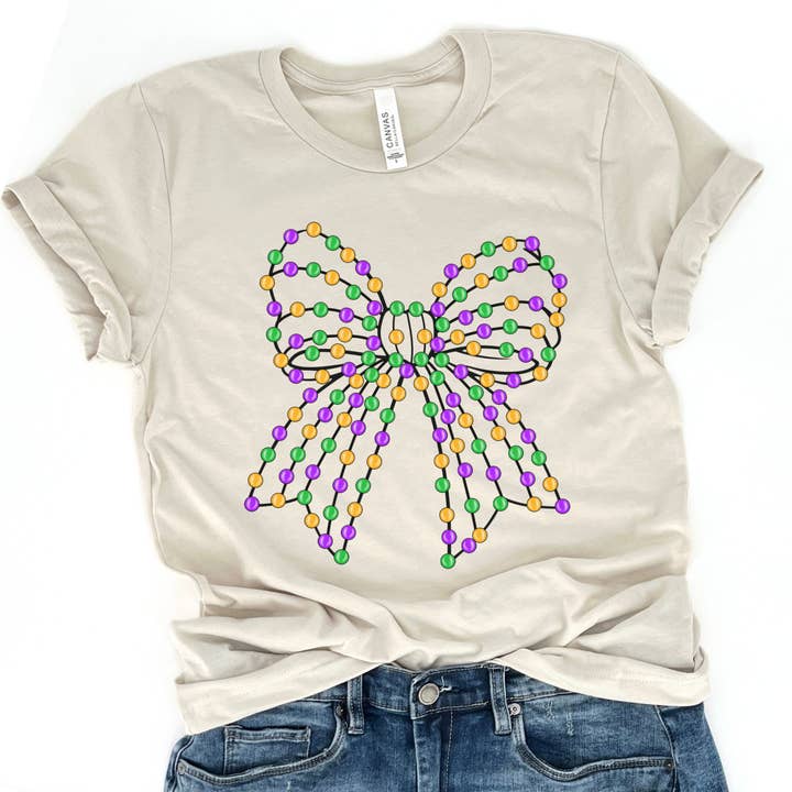 Mardi Gras bead coquette ribbon women's graphic t-shirt for wholesale by ATTA TOOD LLC