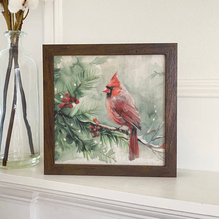 Cardinal on Pine Tree - Winter Framed Print for wholesale by Indigo Tangerine