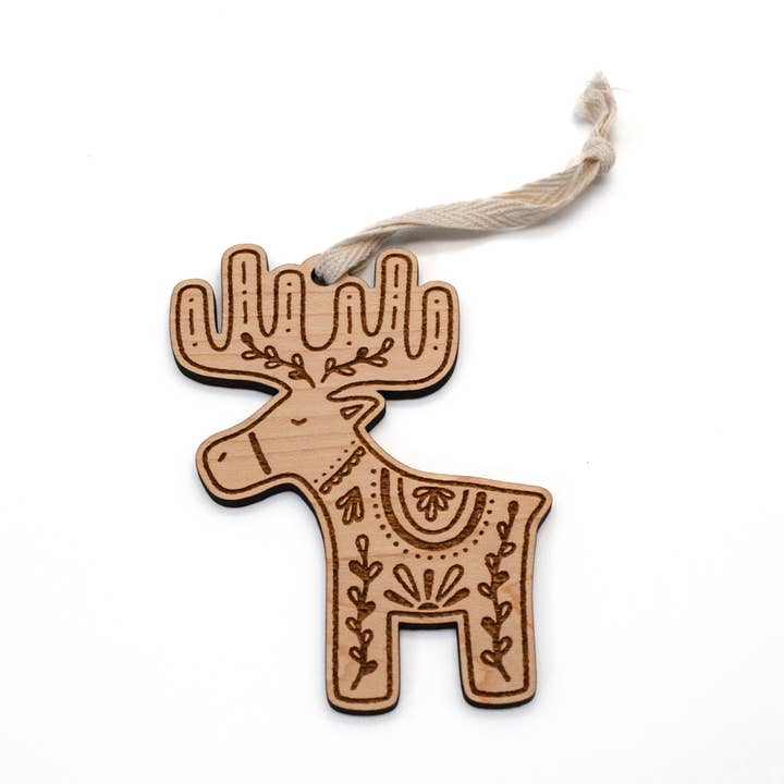 Folk Moose Engraved Wood Ornament for wholesale by Wildewood Handcrafted Goods