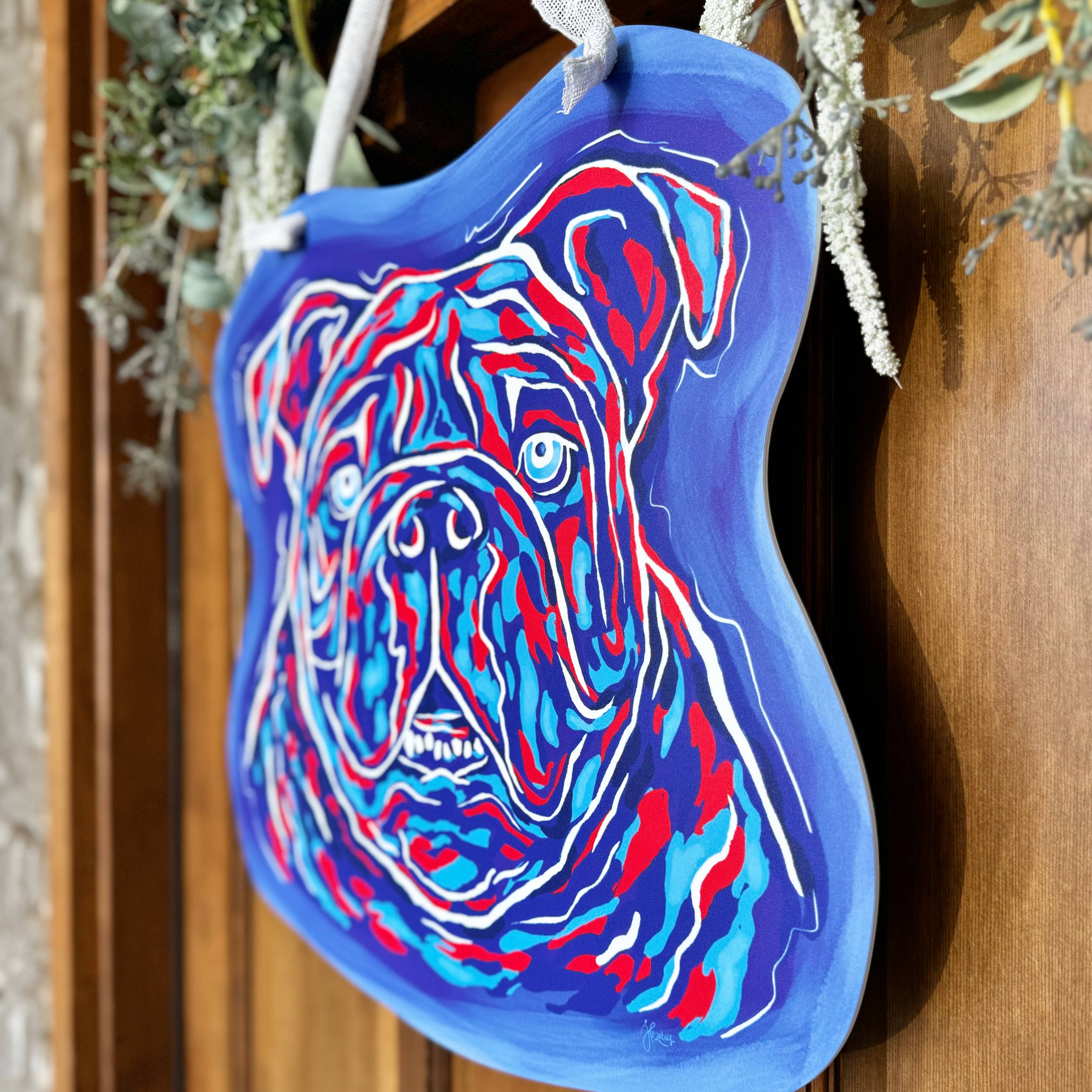 Songbird Grove Collection - Vente Affichette de porte - Crochet de porte en forme de bouledogue rouge et bleu1
