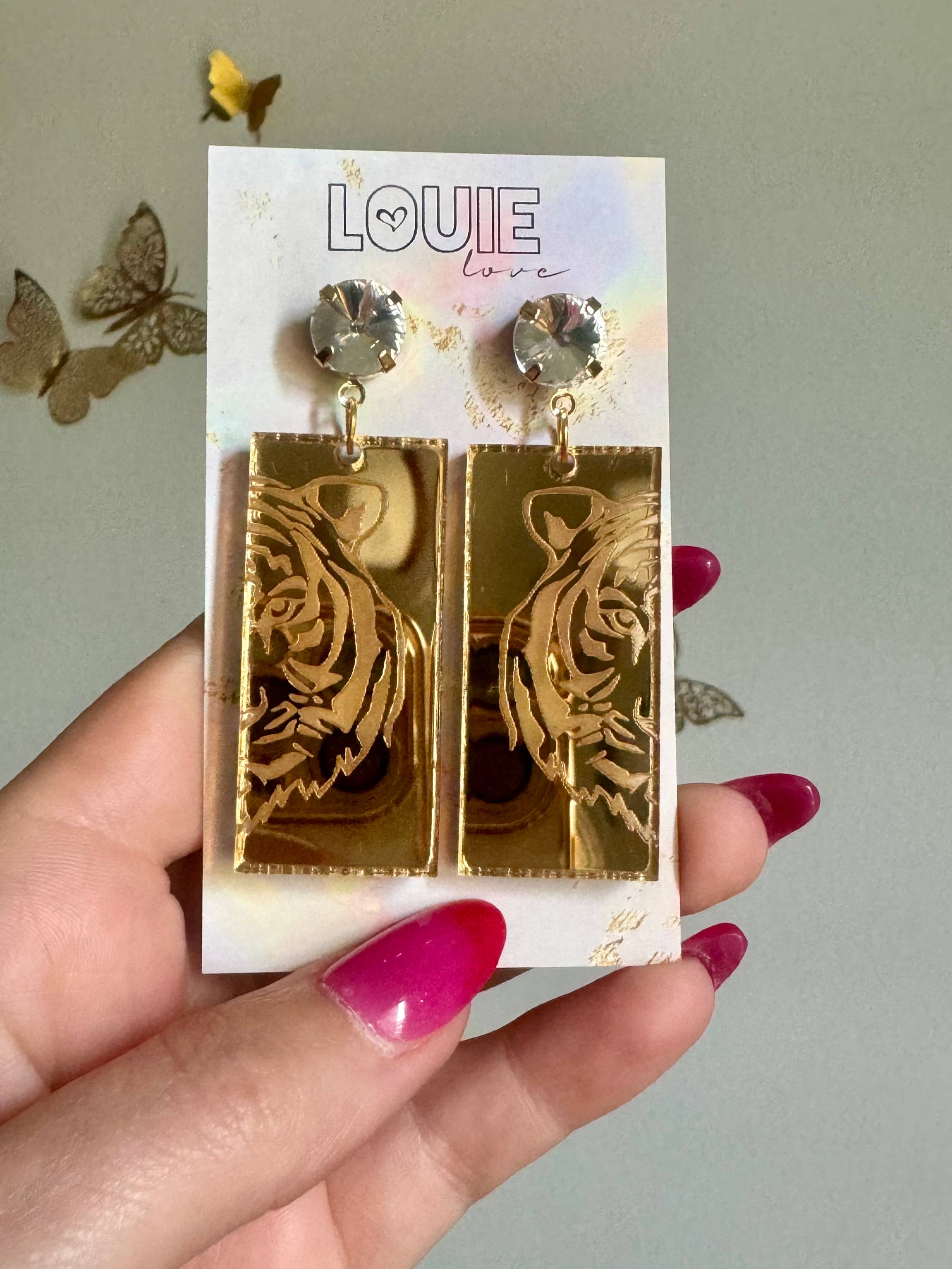 Louie Love - Vente Boucles d'oreilles pendantes - Boucles d'oreilles rectangulaires en forme de tête de tigre en acrylique doré 0