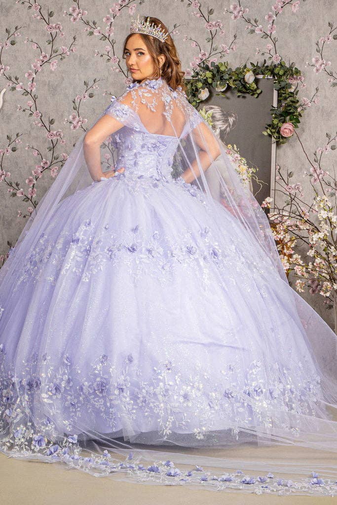 Tux-USA® - Vente Robe de soirée – femme - Robe de Quinceañera en maille avec application florale 3D pailletée et cape longue en tulle3