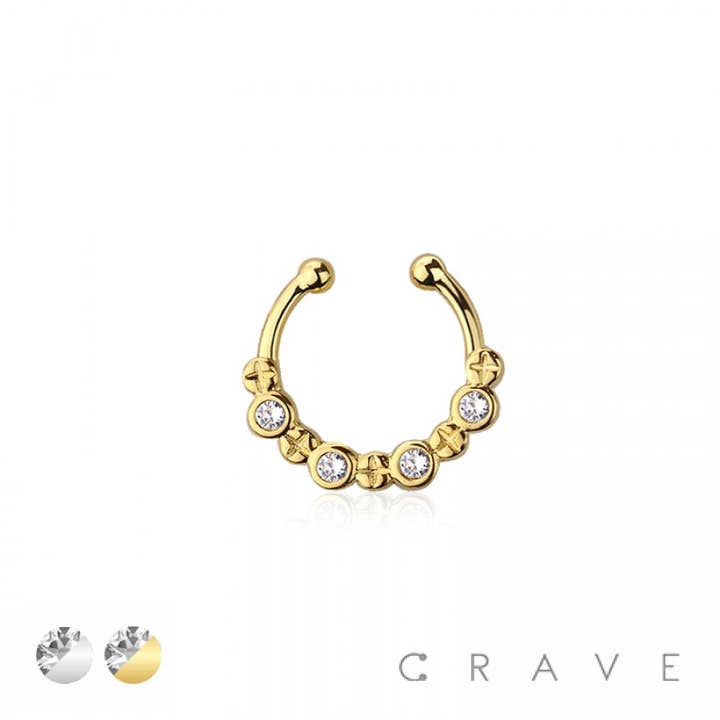 CRAVE – Engroshandel Enkeltøreringe – MESSING FALSK SEPTUM/HESTESKO MED 4 BEZEL CZ2