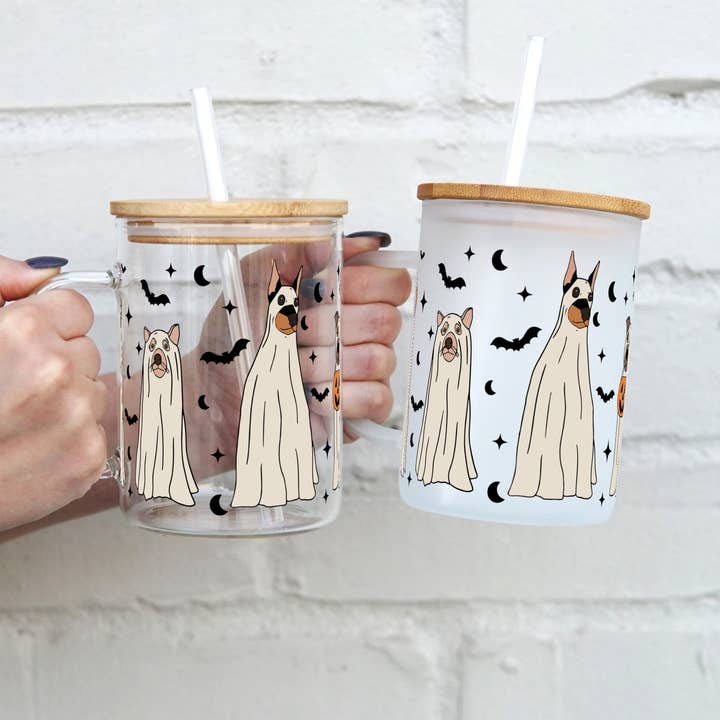 Ghost Dog 17oz Glass Mug With Lid and Straw for wholesale by Sip-Sip Hooray!