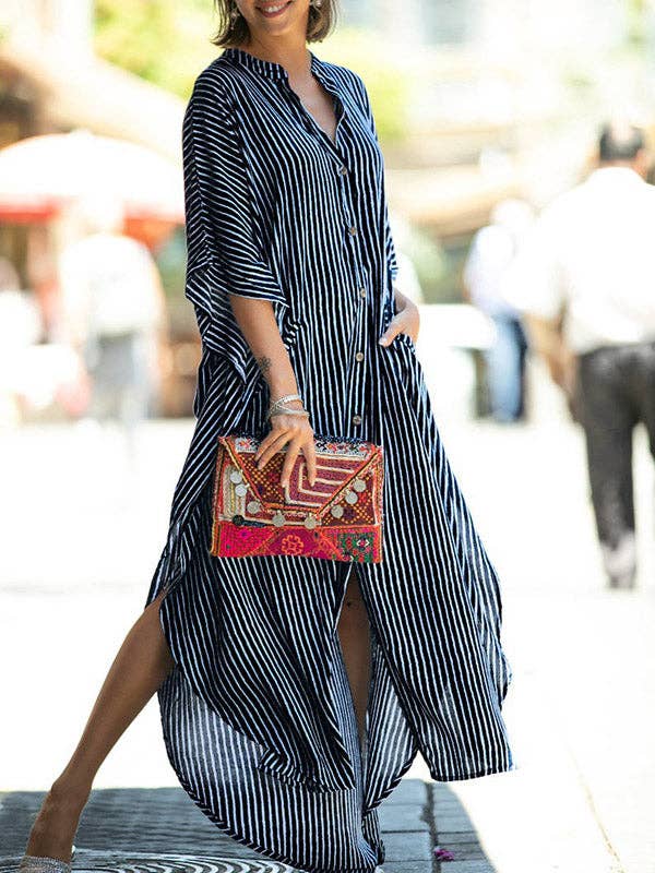 Sheer Trend - Wholesale Dress - Women's - Batwing Sleeves Half Sleeves Buttoned Pockets Striped Round-Neck Beach Cover-Up Maxi Dresses9