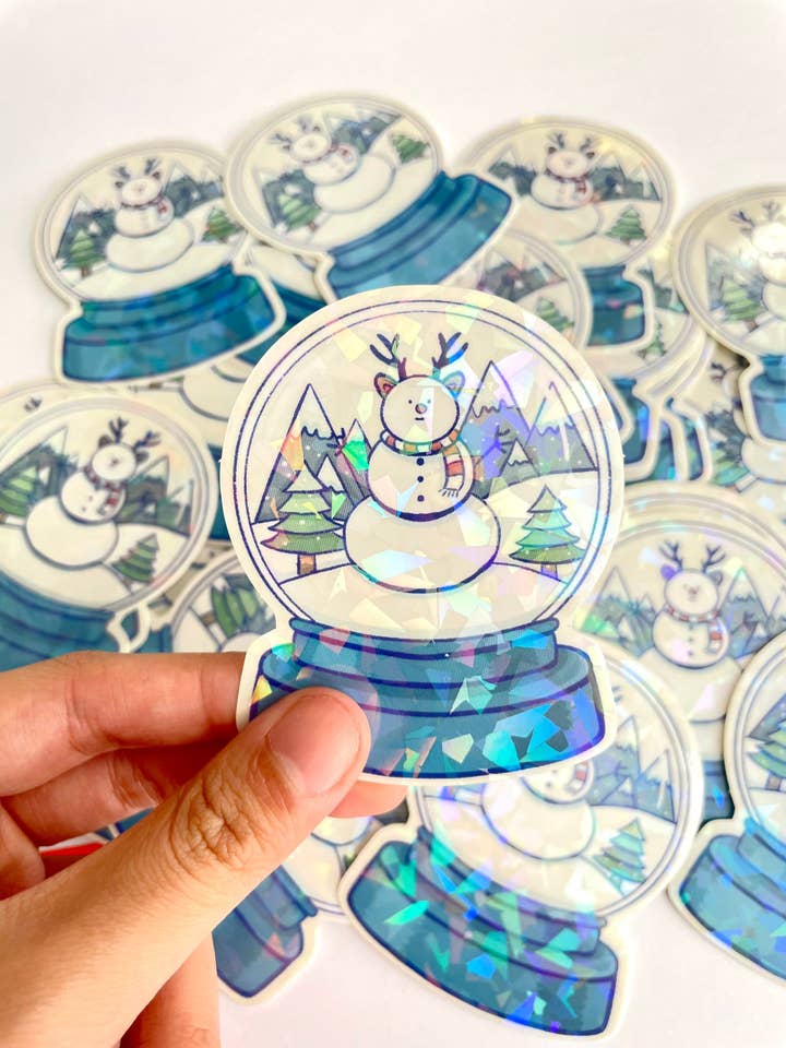Snowman Snow Globe Holographic & Clear Stickers for wholesale by Artsyvushop