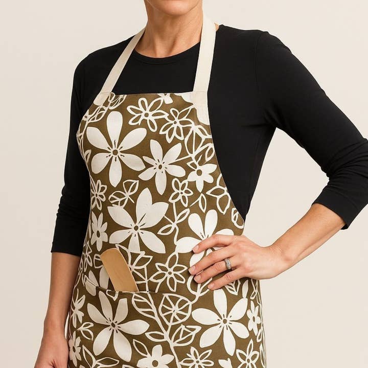 Adult Earthy Olive Floral Apron for wholesale by Shastra Home