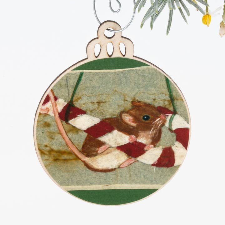 Mouse & Candy Cane Ornament | Christmas Ornament | Ornament Wooden | Woodland Mouse Ornament | Whimsical Mouse Painting | Gift for Her | for wholesale by Orphan Girl Fine Art