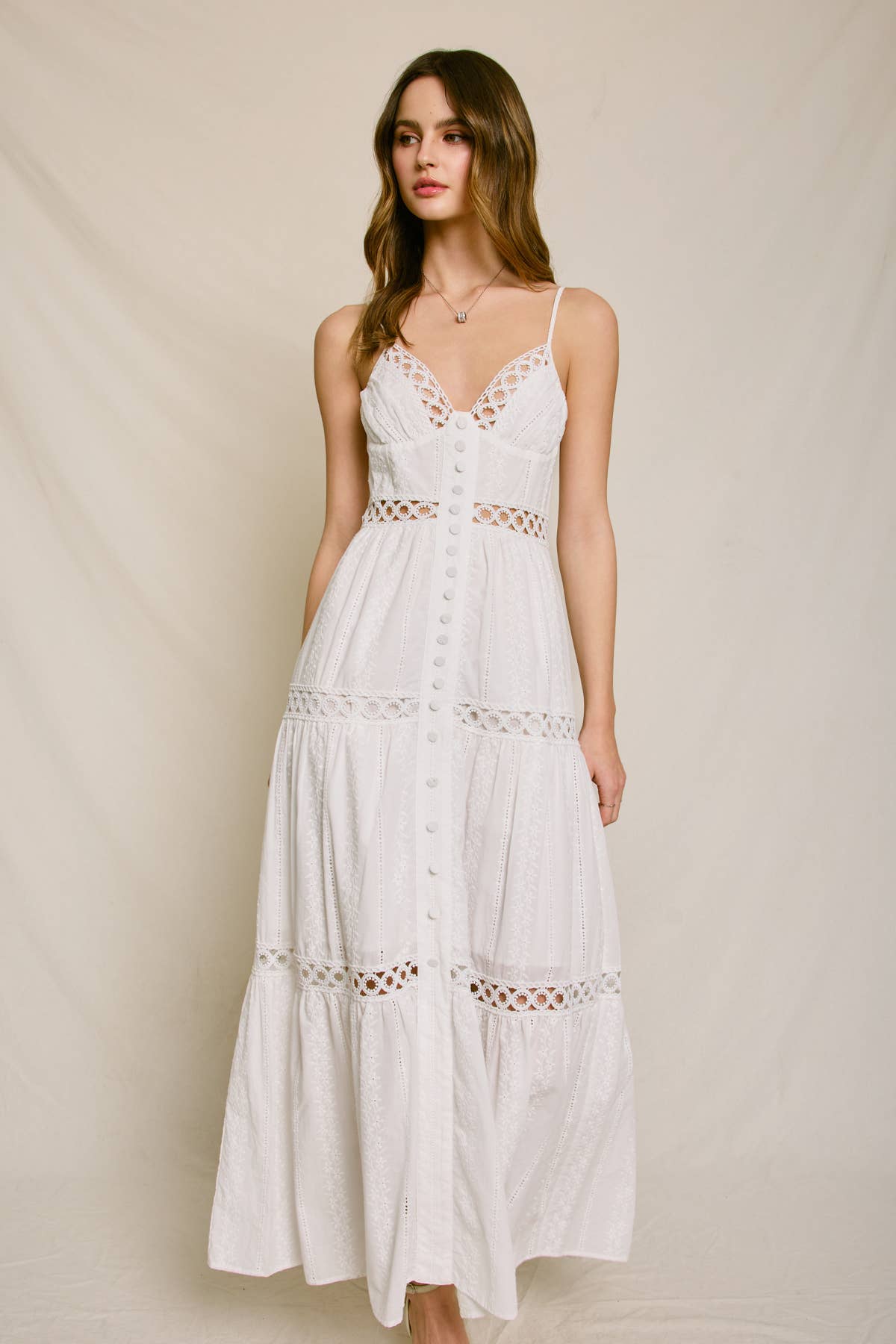 IVORY Sunbeam Eyelet Lace Inset Tiered Maxi Dress for wholesale on Faire3