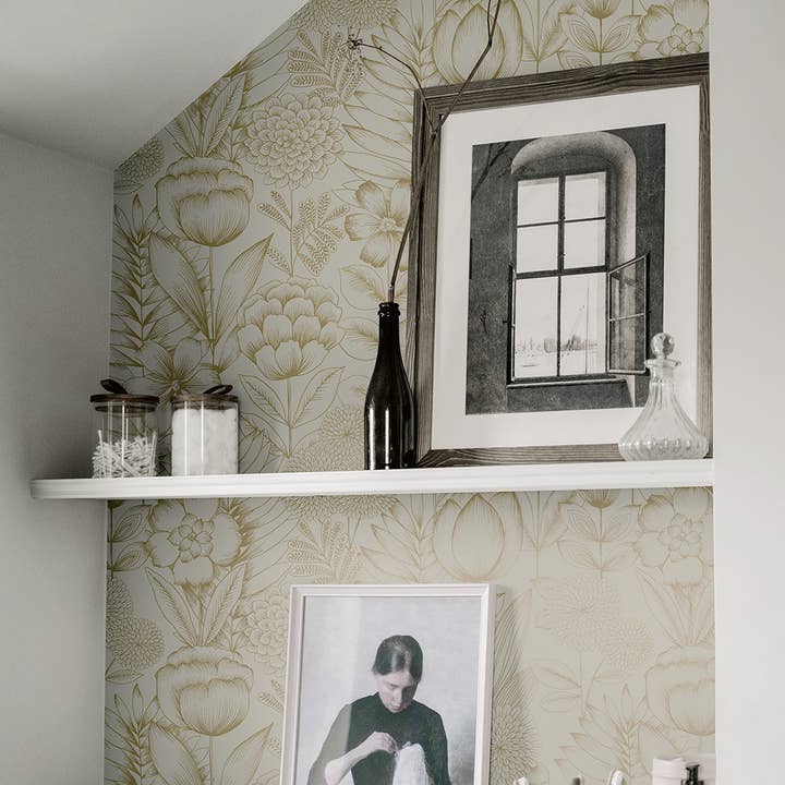 Homestead Floral Gold Peel and Stick Wallpaper, 28 sq. ft. for wholesale on Faire4