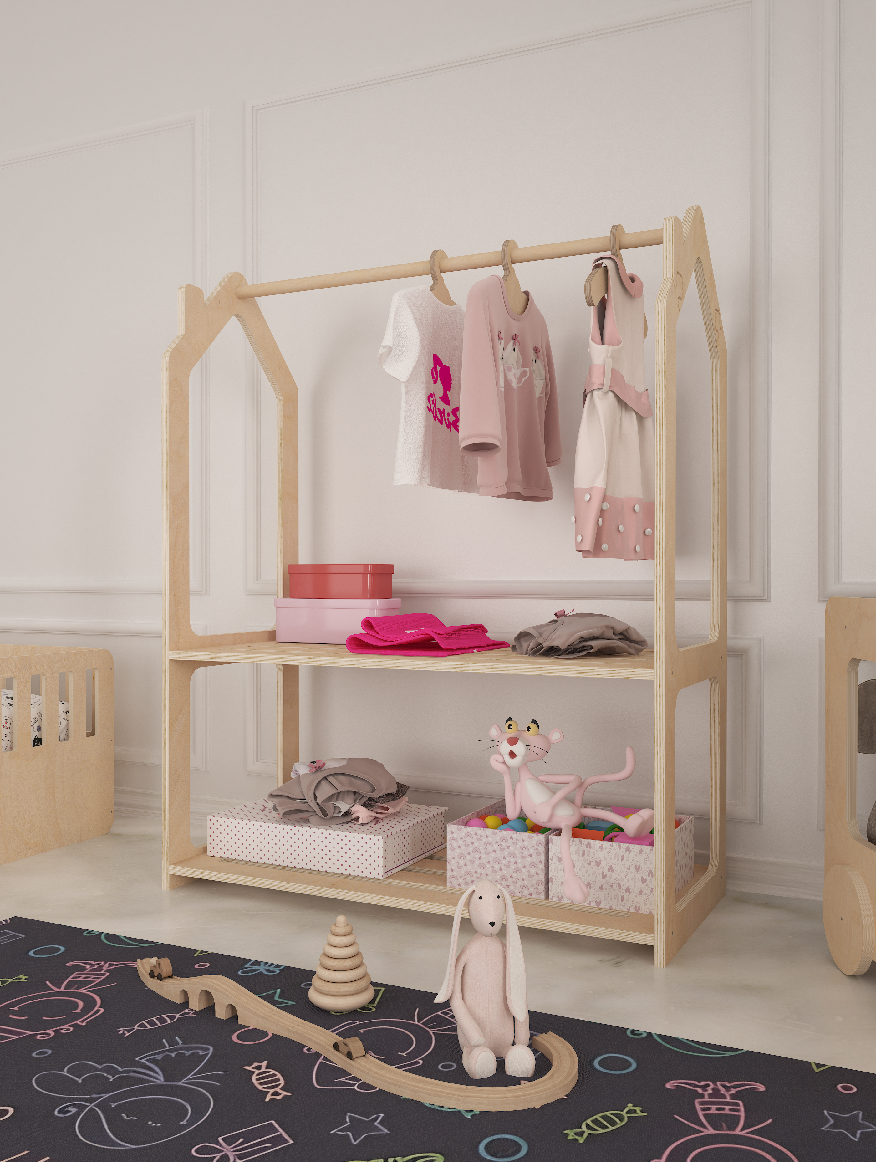 Rotermond Furniture LLC - Wholesale Clothes Hangers - Roof Montessori Kids Wardrobe - Natural Wood Clothing Rack Organizer 3-Piece Set for Child's Room, Playroom, Nursery – Durable Baby Clothes Storage Furniture2