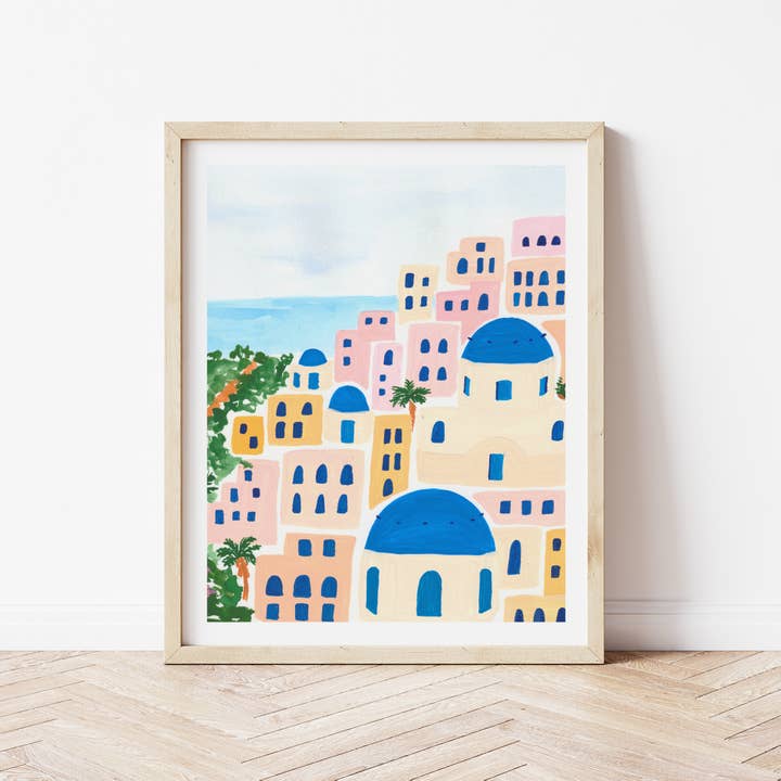 Santorini Greece Watercolor Fine Art Print for wholesale by Emerald and Ivy Studios LLC