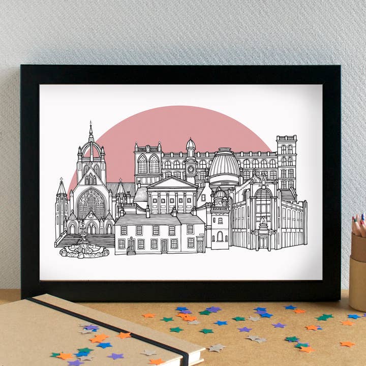 Paisley Scotland Skyline Landmarks Art Print - unframed for wholesale by Becka Griffin Illustration