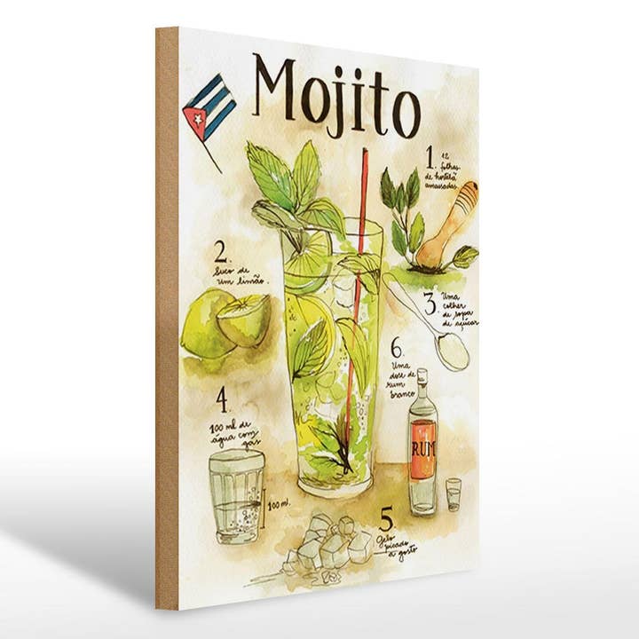 Femer - Venta al por mayor Letreros - Cartel de madera con receta, 30x40 cm, ron mojito, Suco de Limão Agua