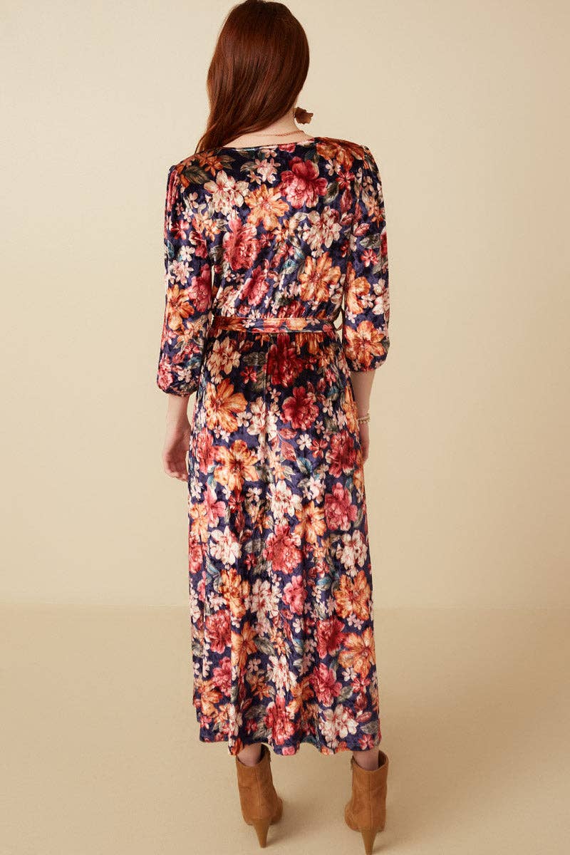 Navy Robe en velours ceinturée à surplis floraux pour femmes en vente sur Faire5