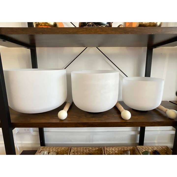 Crystal Cove Minerals – wholesale Spiritual stone/crystal – Set of 3 Frosted Quartz Singing Bowls - 8", 10" & 12" with C