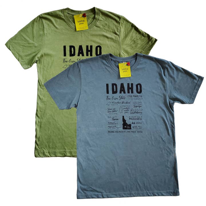 Idaho Facts T-shirt, men's unisex shirt for wholesale by Ladybug Press