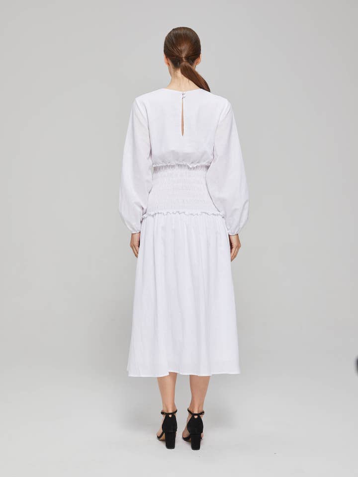 Divinity Shirred Midi Dress - White for wholesale on Faire2