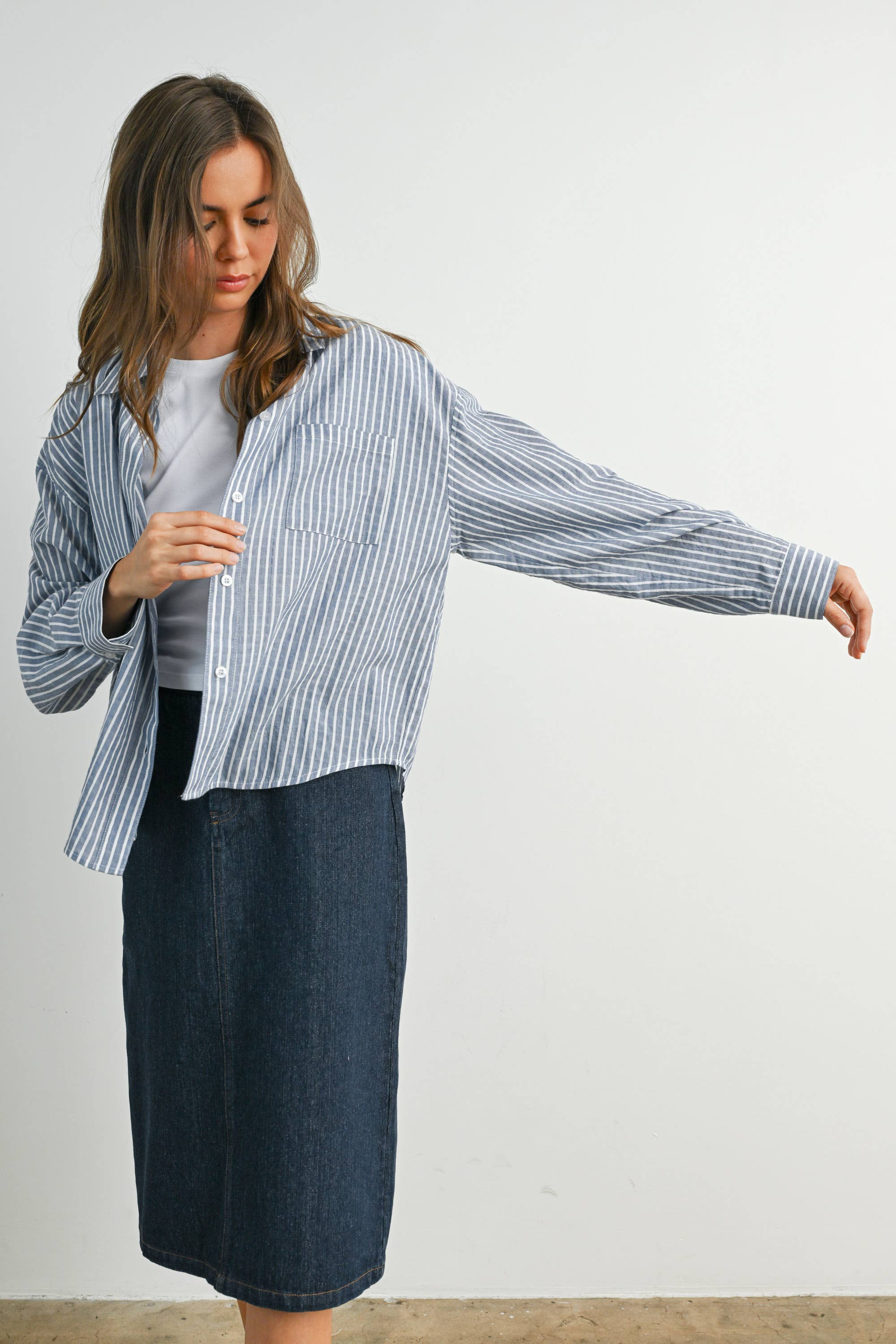 BUTTERMELON - Vente Chemise à col boutonné – femme - Haut à manches longues à rayures et col boutonné raccourci - BMT791534