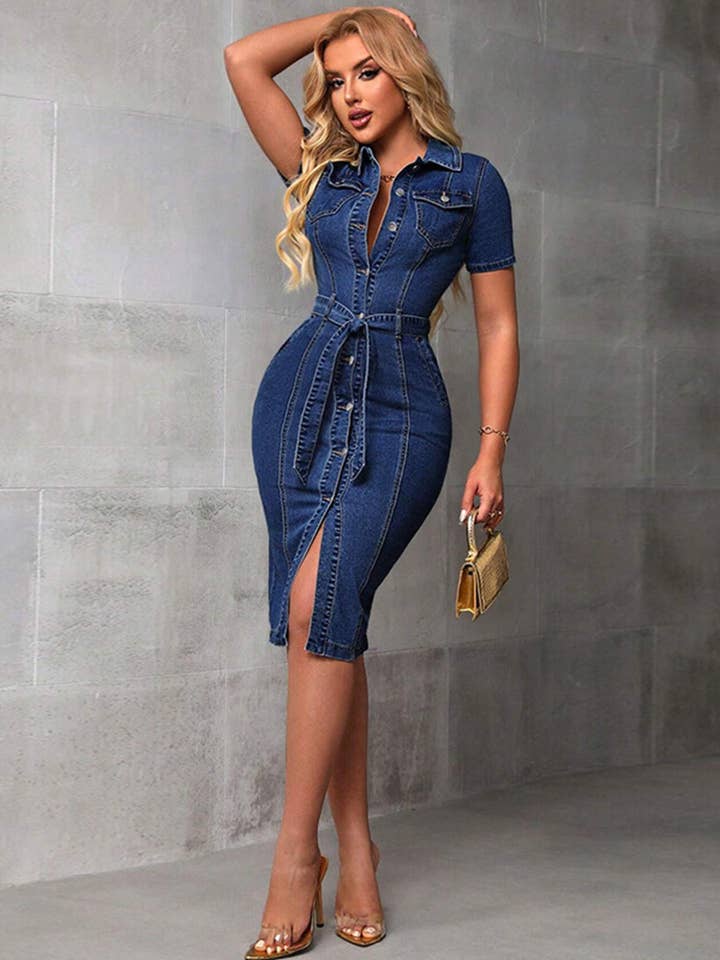 Vestido Justo com Gola Cowl em Denim por atacado de Aria Romance