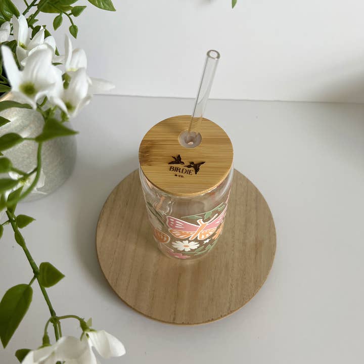 Birdie & Co. - Wholesale Drinking Glass/Cup - Butterfly and Flower Can Glass, Spring Iced Coffee Glass