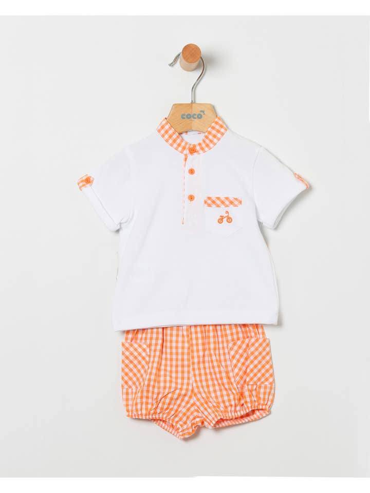 COCO ACQUA - Wholesale Top en short-set - Baby - Witte Mao Kraag Polo Set en Vichy Ruit Bloomer