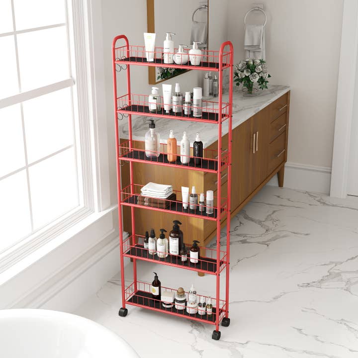 Orange County Decor - Wholesale Free Standing Shelf - Red 6 Tier Rolling Cart Gap Kitchen Slim Slide Out Storage Tower Rack With Wheels,6 Baskets,Kitchen,Bathroom Laundry Narrow Piaces Utility Cart Red Kitchen American Design,American Traditional Metal