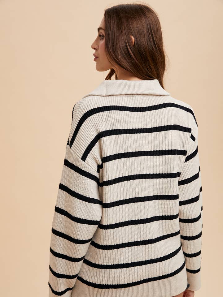 In Loom - Wholesale Knit Sweater - Women's - STRIPED HALF ZIP KNITTED PULLOVER
