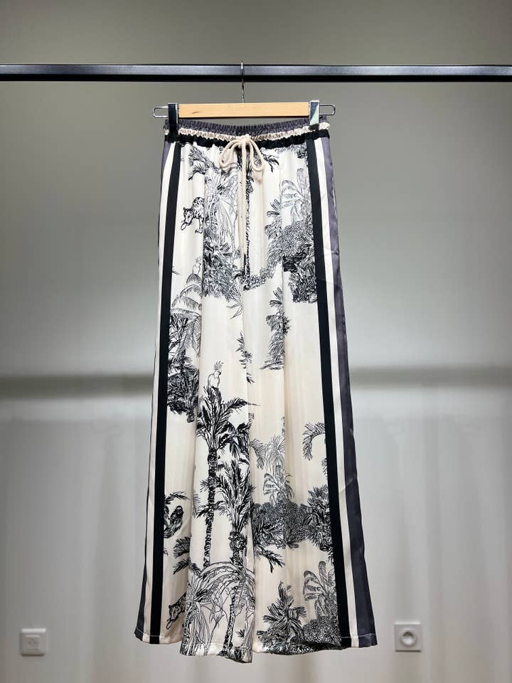 L'Emotion - Wholesale Pants - Women's - Elastic Waist Fluid Trousers with Tropical Pattern Drawstring