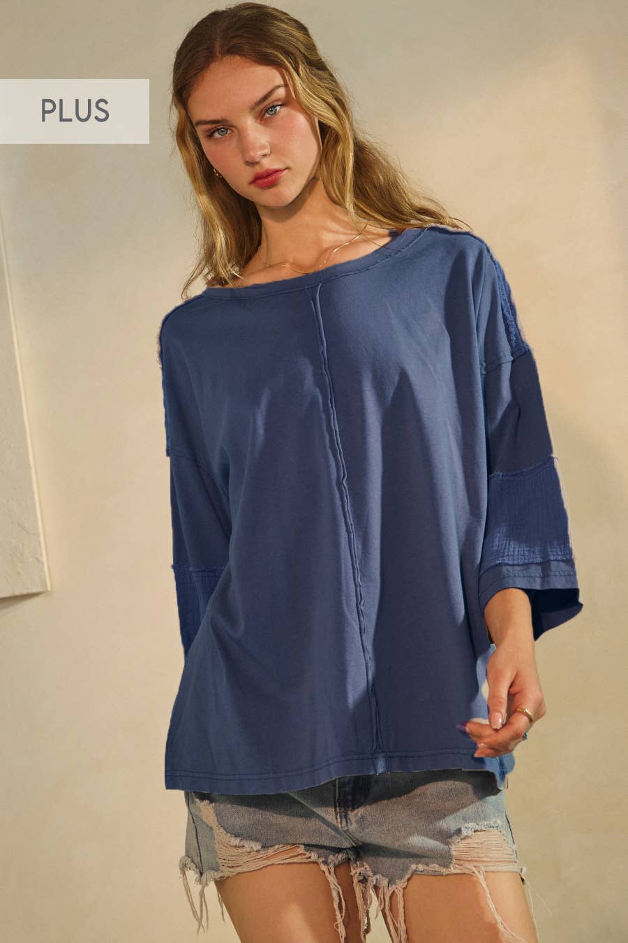 Oddi - Wholesale Blouse - Women's - Plus Acid Washed Mixed Fabric Pullover Top2